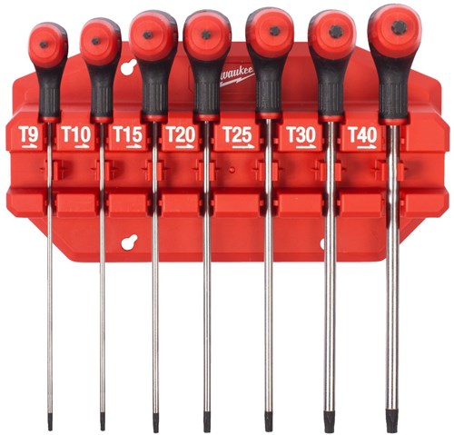 Milwaukee Torx T-sleutelset met comfort grip (7-delig) (T9, T10, T15, T20, T25, T30, T40 + rekje)