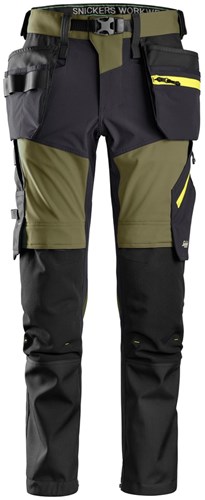 Snickers 6940 FlexiWork Softshell Werkbroek+ met Holsterpockets Khaki Groen-Staal Grijs 058