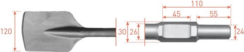 Rotec Spade Beitel 120x400mm Zeskant 30mm Met Uitsparing 24x55mm