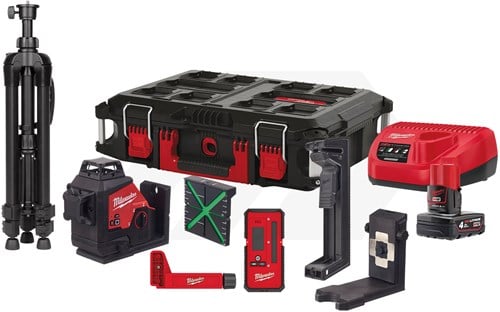 Milwaukee M12 3PLKIT-401P 12V Kruislijnlaser Groen 3x360° Met Statief (1x 4,0Ah, in Packout)